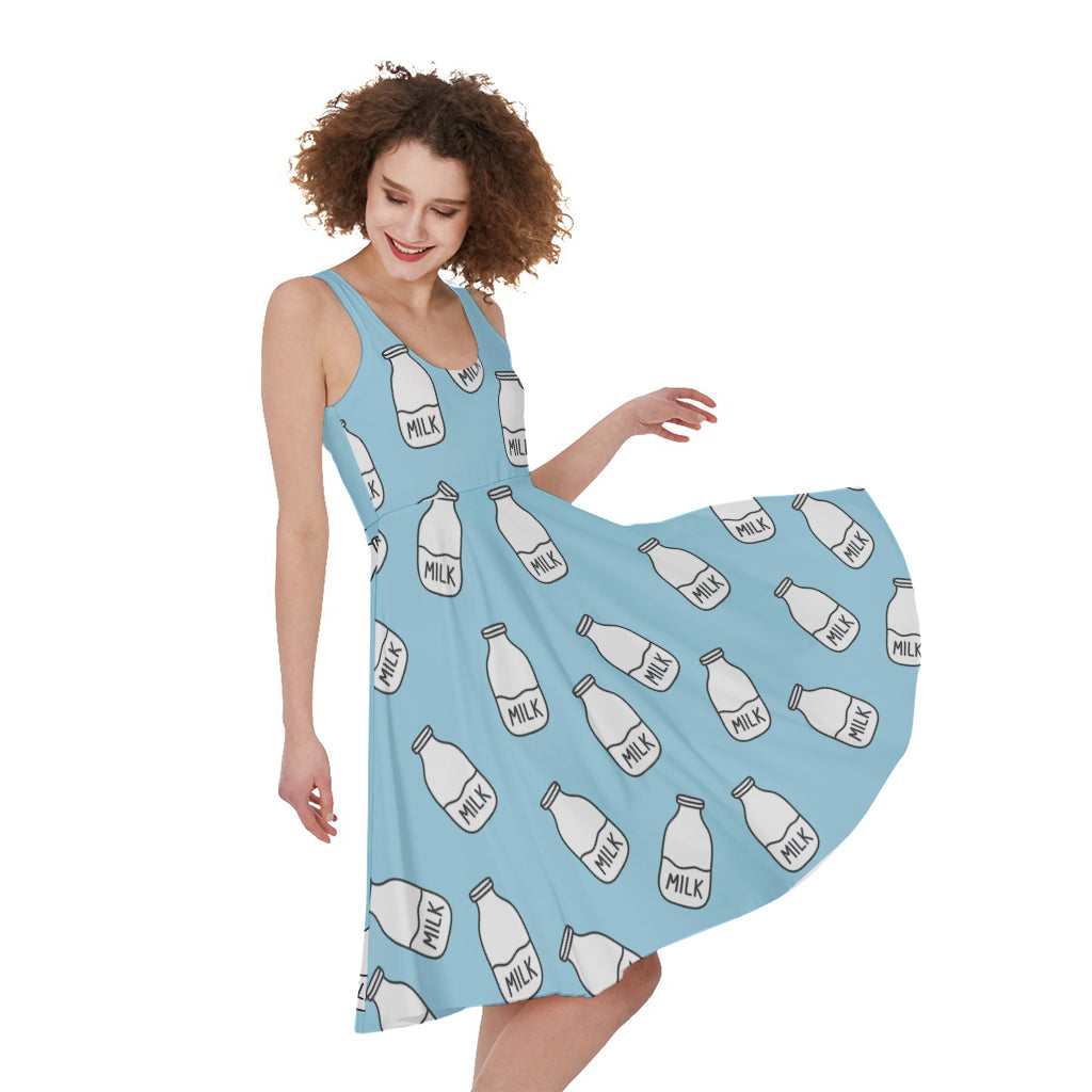 Milk Bottle Cartoon Pattern Print Women's Sleeveless Dress