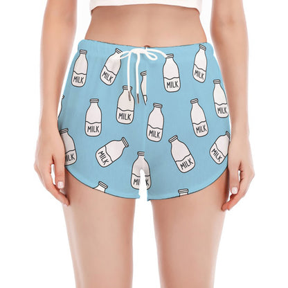 Milk Bottle Cartoon Pattern Print Women's Split Running Shorts