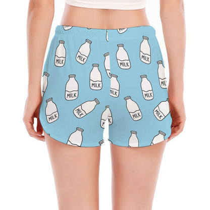 Milk Bottle Cartoon Pattern Print Women's Split Running Shorts
