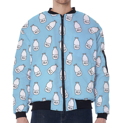 Milk Bottle Cartoon Pattern Print Zip Sleeve Bomber Jacket