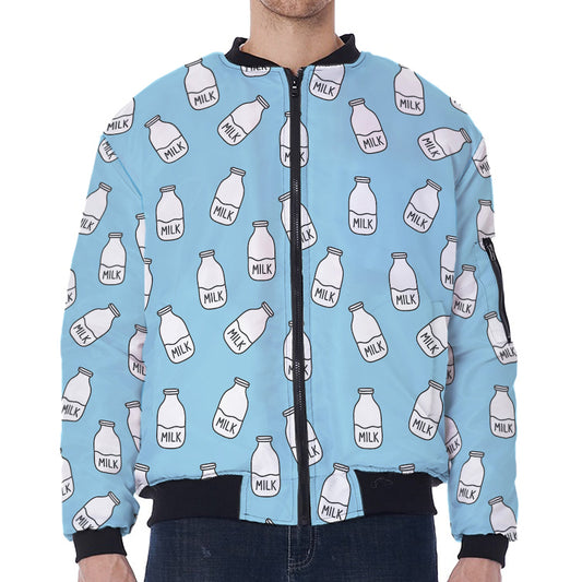 Milk Bottle Cartoon Pattern Print Zip Sleeve Bomber Jacket