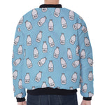 Milk Bottle Cartoon Pattern Print Zip Sleeve Bomber Jacket
