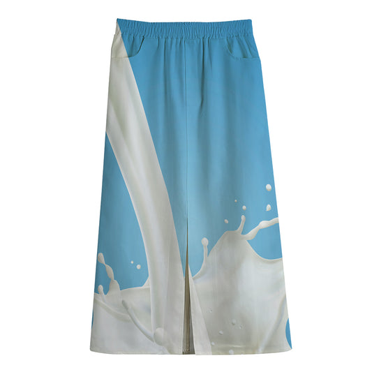 Milk Splash Print Cotton Front Slit Maxi Skirt