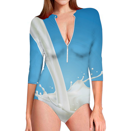 Milk Splash Print Long Sleeve Swimsuit