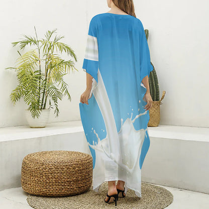 Milk Splash Print Silk V-Neck Kaftan Dress