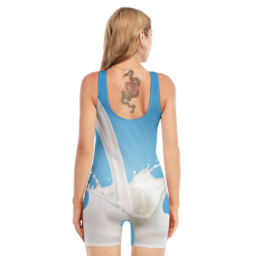 Milk Splash Print Sleeveless One Piece Swimsuit
