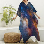 Milky Way Universe Galaxy Space Print Silk V-Neck Kaftan Dress