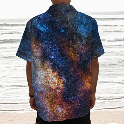Milky Way Universe Galaxy Space Print Textured Short Sleeve Shirt