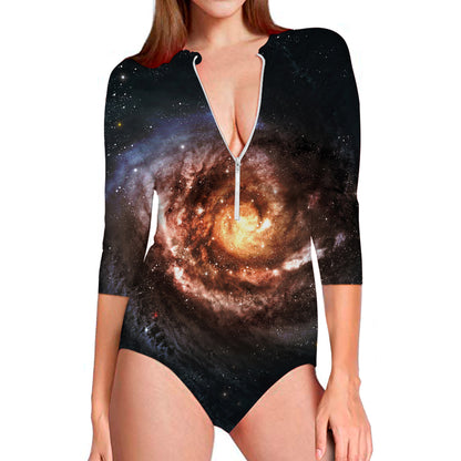 Milky Way Universe Print Long Sleeve Swimsuit
