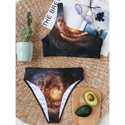 Milky Way Universe Print One Shoulder Bikini Top