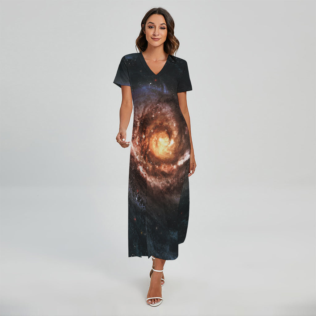 Milky Way Universe Print Short Sleeve Maxi Dress