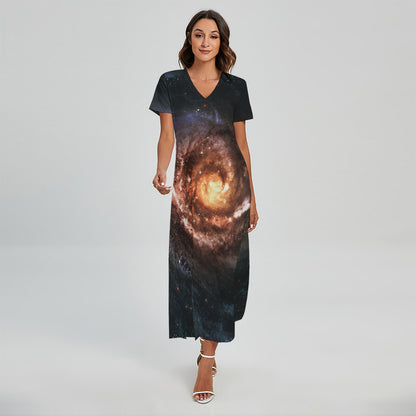 Milky Way Universe Print Short Sleeve Maxi Dress