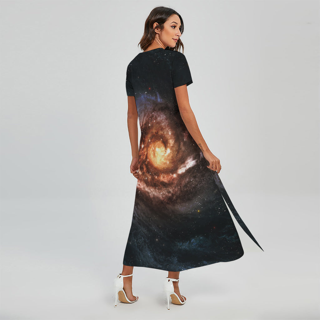 Milky Way Universe Print Short Sleeve Maxi Dress