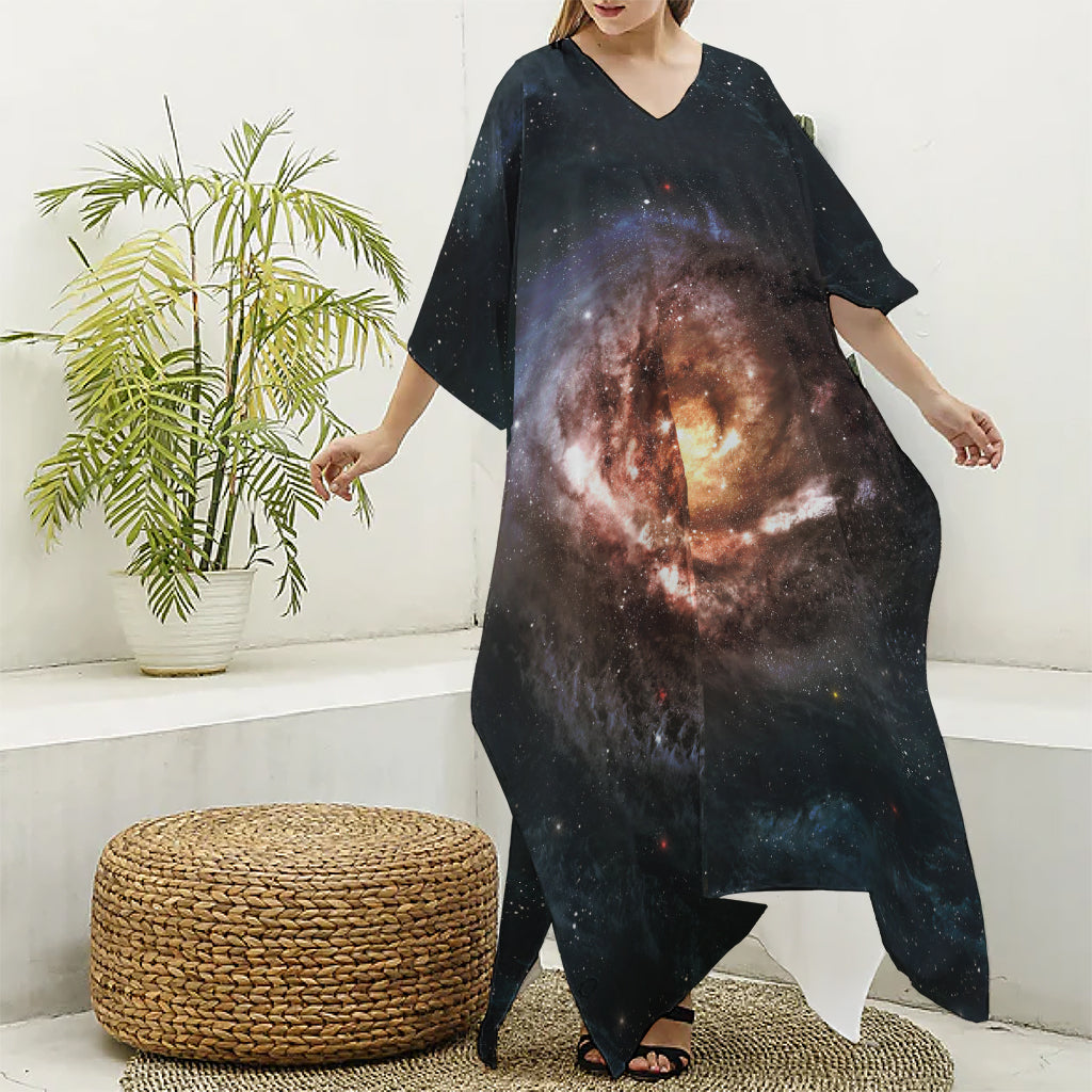 Milky Way Universe Print Silk V-Neck Kaftan Dress