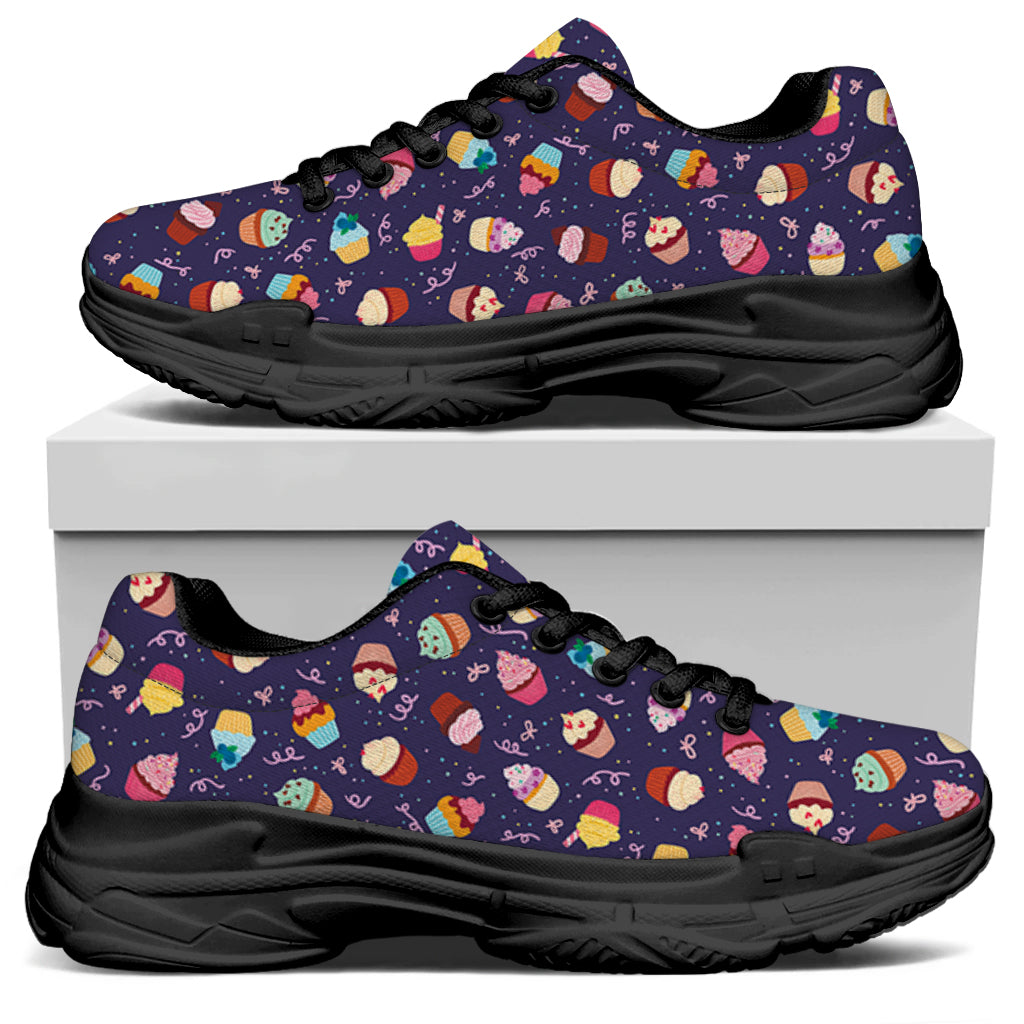 Mini Cupcake Pattern Print Black Chunky Shoes