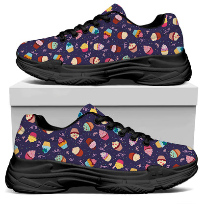 Mini Cupcake Pattern Print Black Chunky Shoes