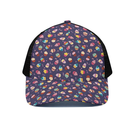 Mini Cupcake Pattern Print Black Mesh Trucker Cap