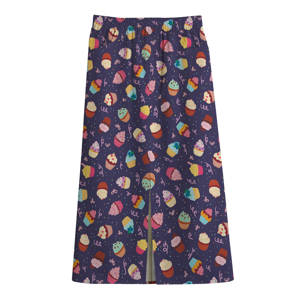 Mini Cupcake Pattern Print Cotton Front Slit Maxi Skirt