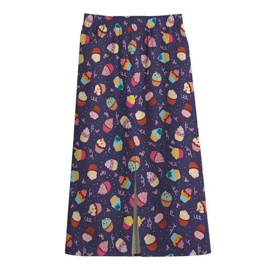 Mini Cupcake Pattern Print Cotton Front Slit Maxi Skirt