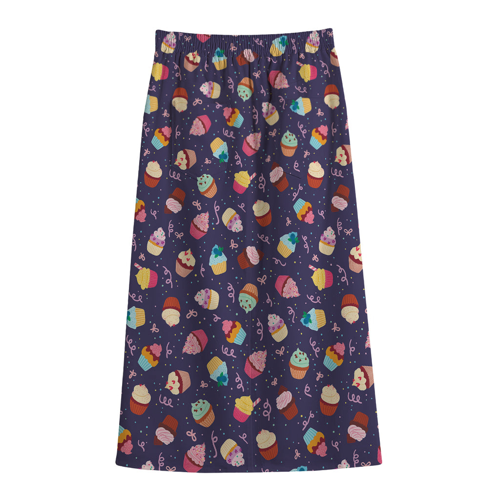 Mini Cupcake Pattern Print Cotton Front Slit Maxi Skirt