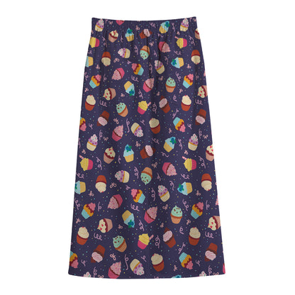 Mini Cupcake Pattern Print Cotton Front Slit Maxi Skirt