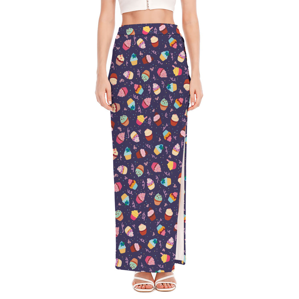 Mini Cupcake Pattern Print High Slit Maxi Skirt