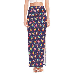 Mini Cupcake Pattern Print High Slit Maxi Skirt