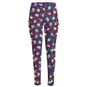 Mini Cupcake Pattern Print High-Waisted Pocket Leggings