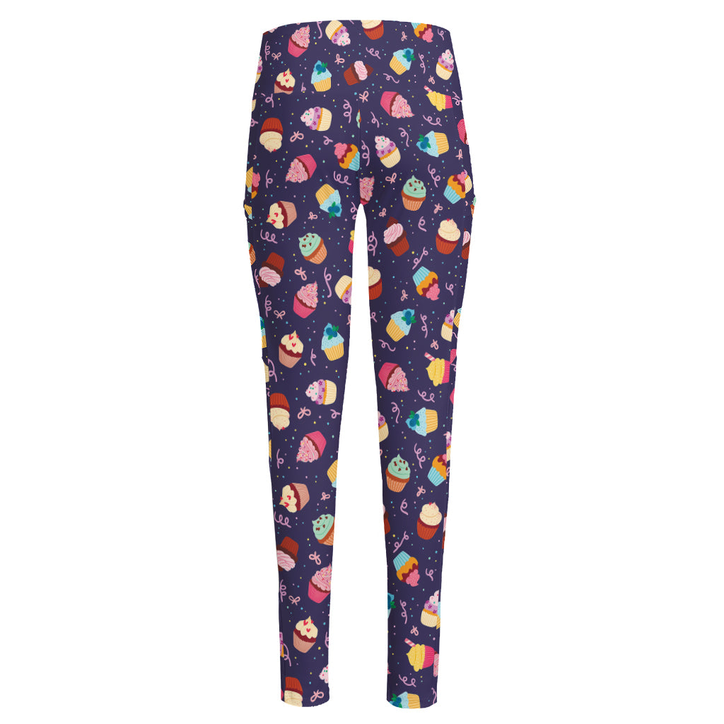 Mini Cupcake Pattern Print High-Waisted Pocket Leggings