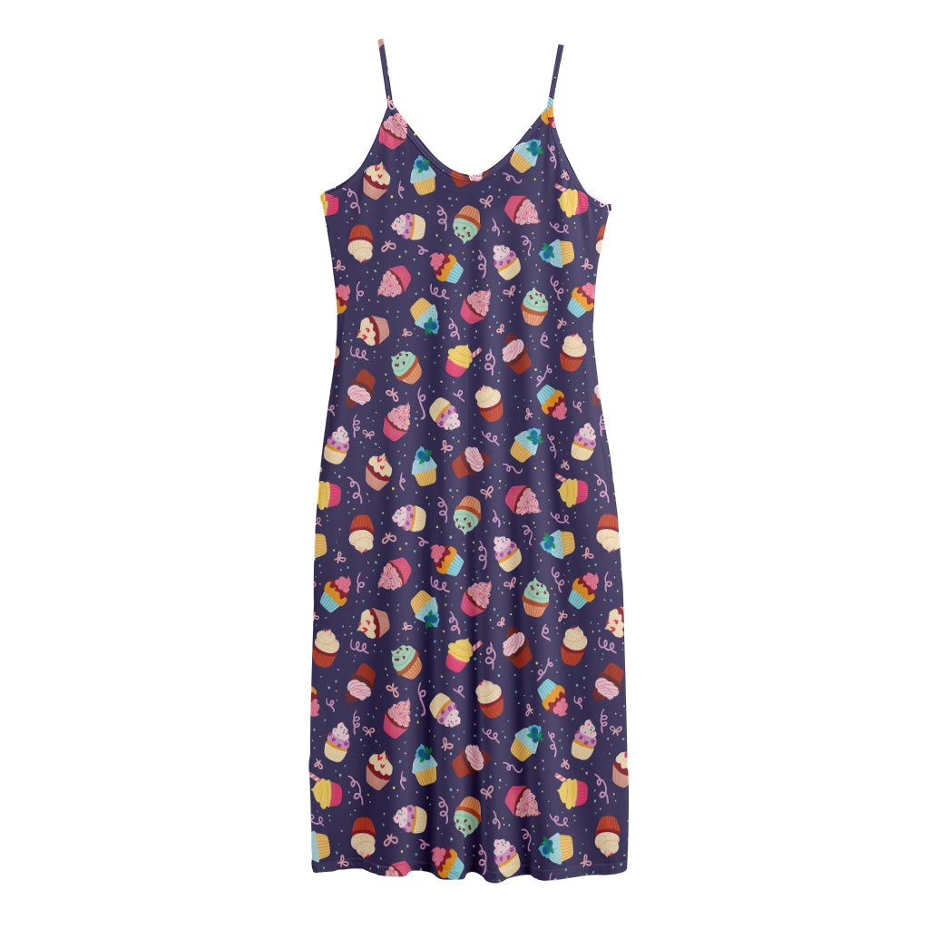 Mini Cupcake Pattern Print Jersey Midi Cami Dress