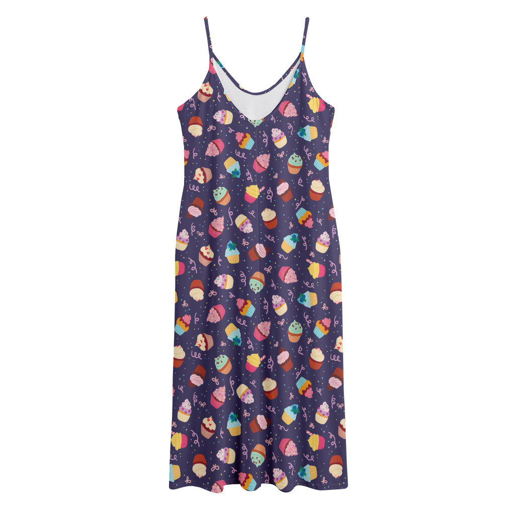 Mini Cupcake Pattern Print Jersey Midi Cami Dress