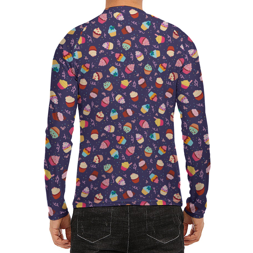 Mini Cupcake Pattern Print Men's Long Sleeve Rash Guard