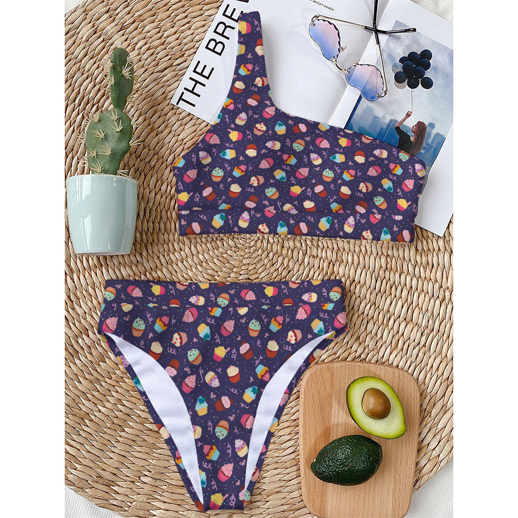 Mini Cupcake Pattern Print One Shoulder Bikini Top