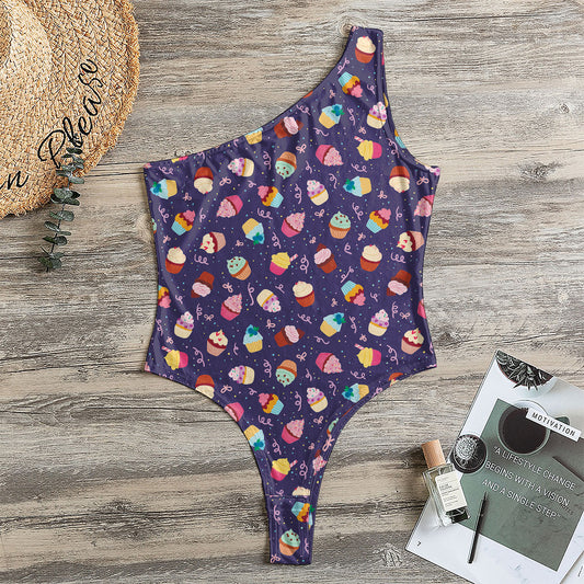 Mini Cupcake Pattern Print One Shoulder Bodysuit