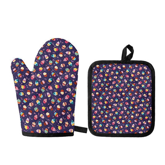 Mini Cupcake Pattern Print Oven Mitt And Pot Holder Set