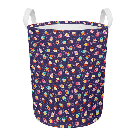Mini Cupcake Pattern Print Round Laundry Basket