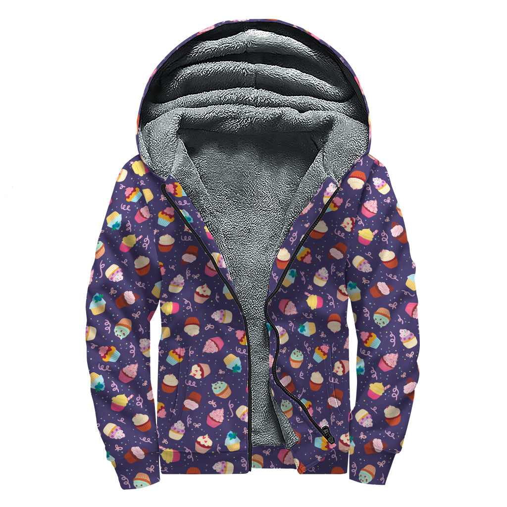 Mini Cupcake Pattern Print Sherpa Lined Zip Up Hoodie