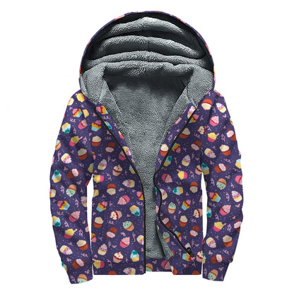 Mini Cupcake Pattern Print Sherpa Lined Zip Up Hoodie