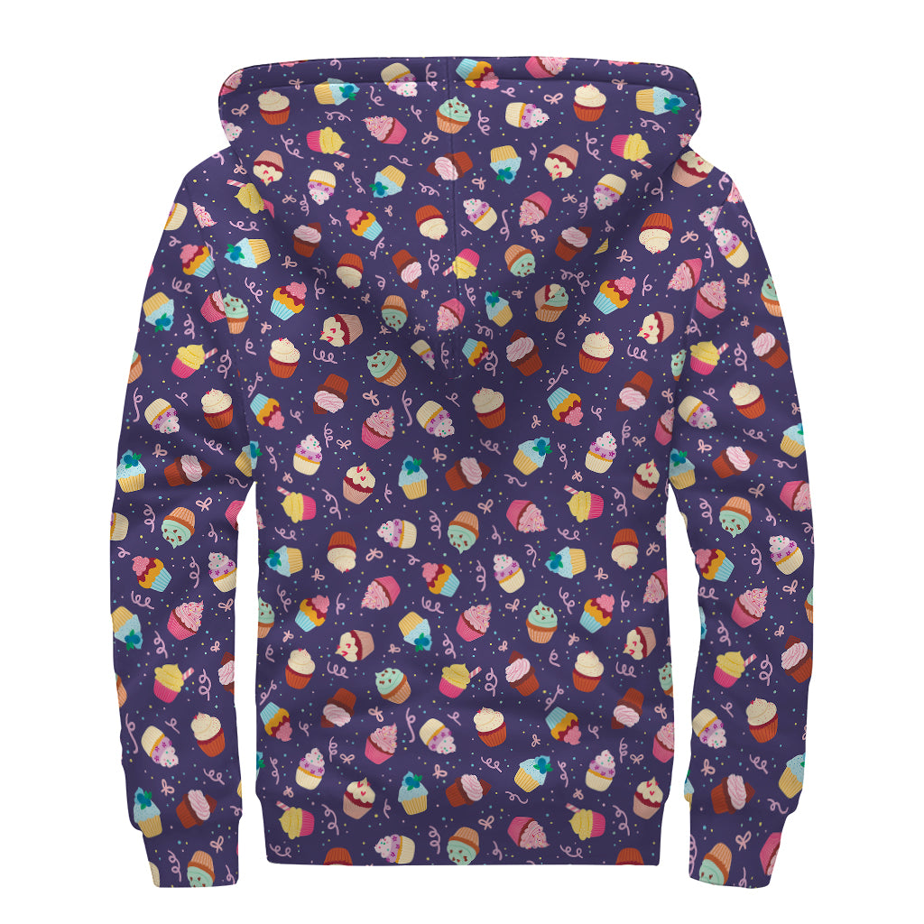 Mini Cupcake Pattern Print Sherpa Lined Zip Up Hoodie