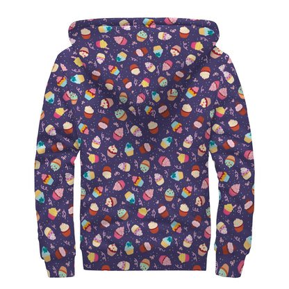 Mini Cupcake Pattern Print Sherpa Lined Zip Up Hoodie