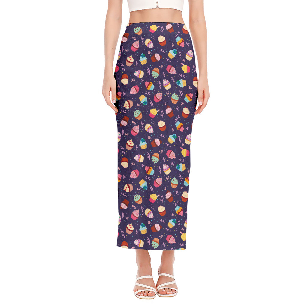 Mini Cupcake Pattern Print Side Slit Maxi Skirt