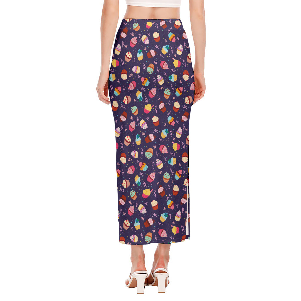 Mini Cupcake Pattern Print Side Slit Maxi Skirt