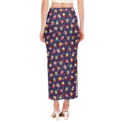 Mini Cupcake Pattern Print Side Slit Maxi Skirt
