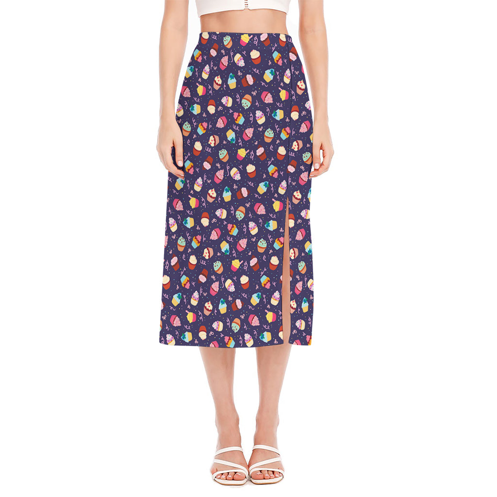 Mini Cupcake Pattern Print Side Slit Midi Skirt
