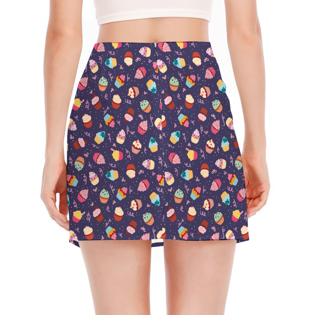 Mini Cupcake Pattern Print Side Slit Mini Skirt