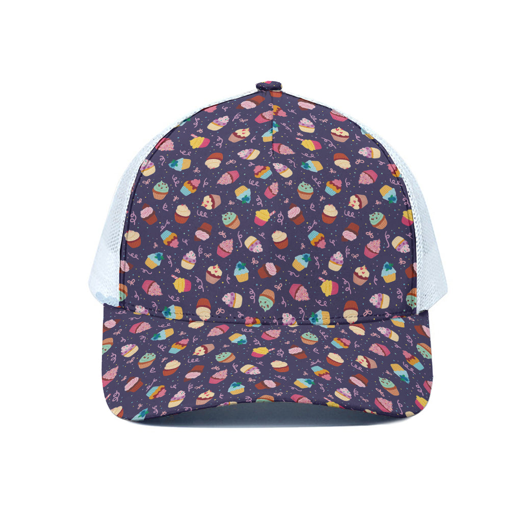 Mini Cupcake Pattern Print White Mesh Trucker Cap
