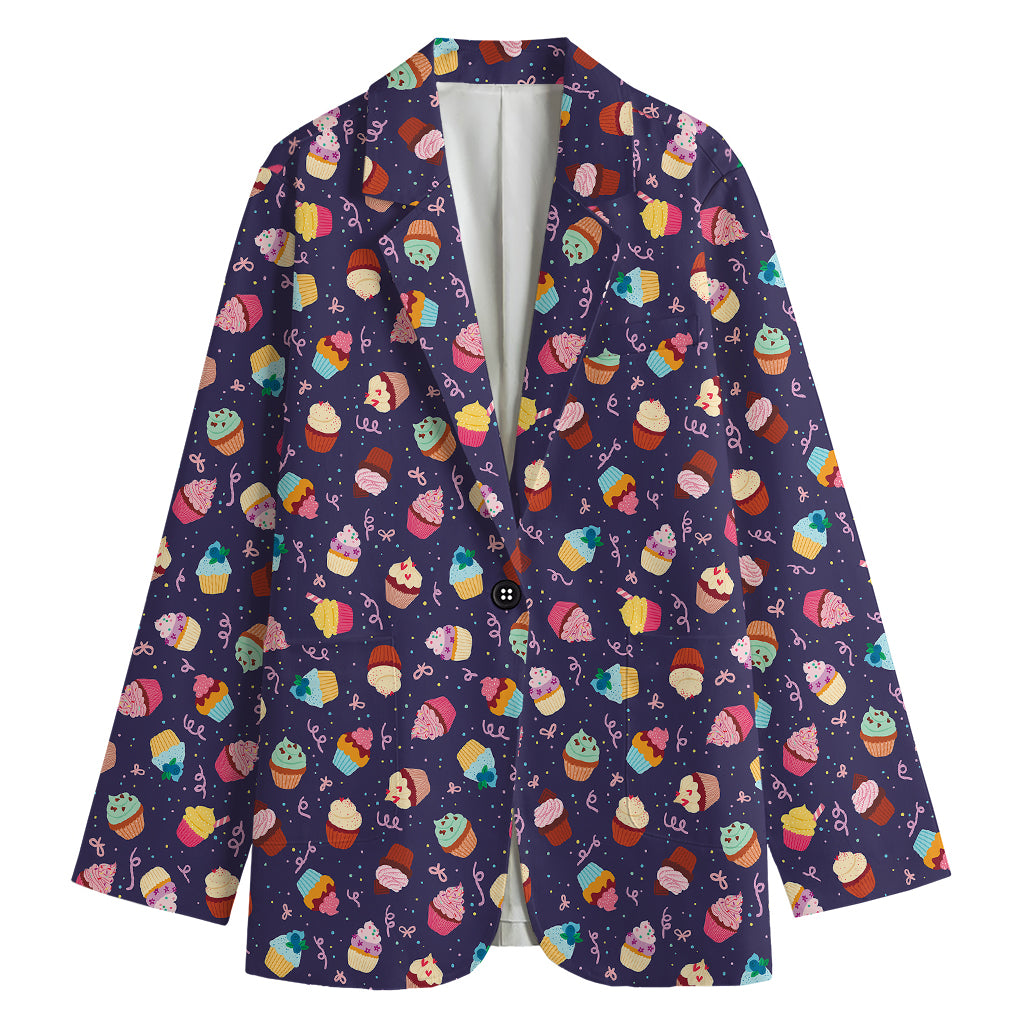 Mini Cupcake Pattern Print Women's Cotton Blazer