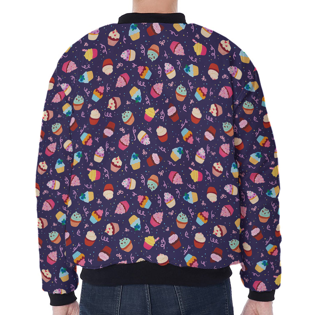 Mini Cupcake Pattern Print Zip Sleeve Bomber Jacket