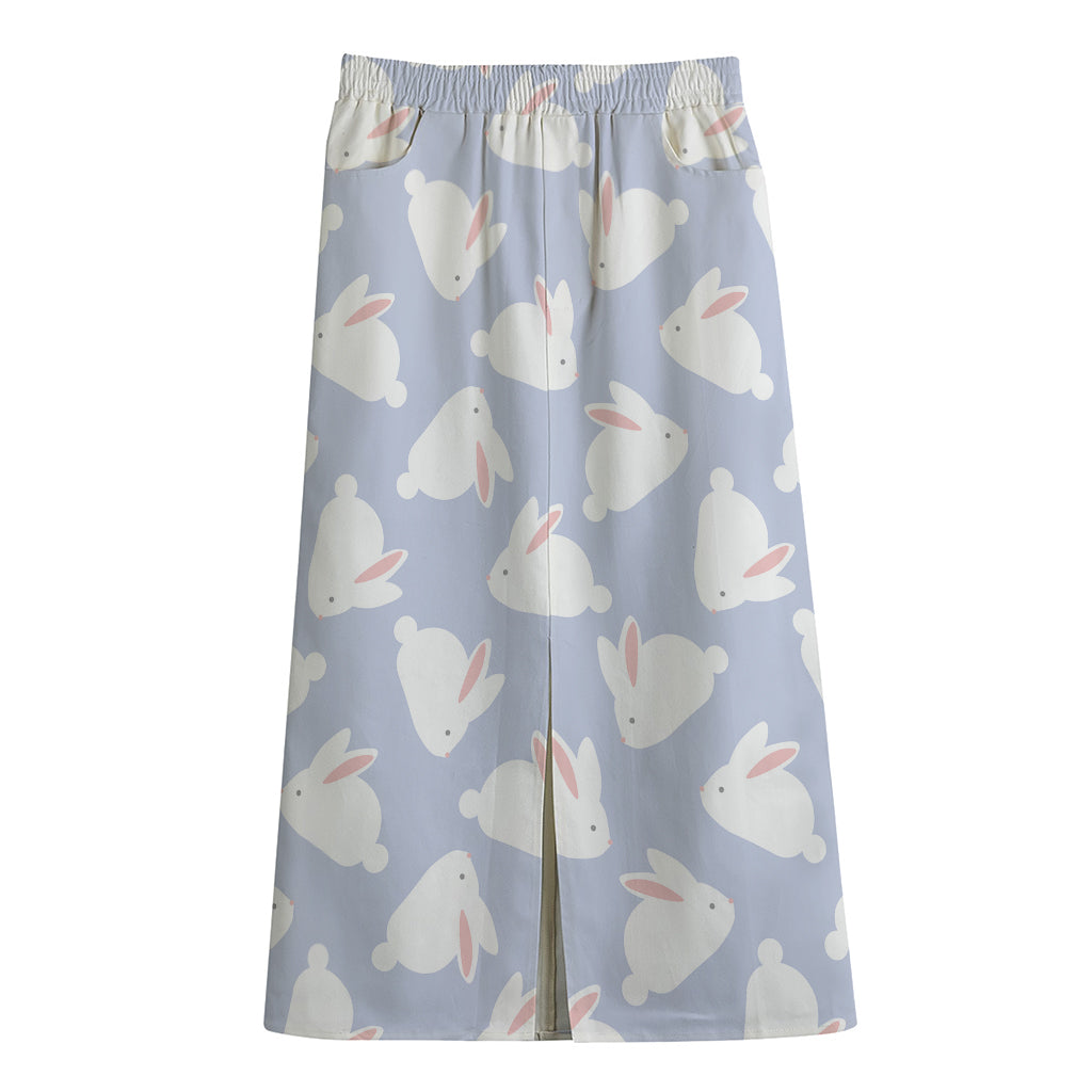Mini Rabbit Pattern Print Cotton Front Slit Maxi Skirt