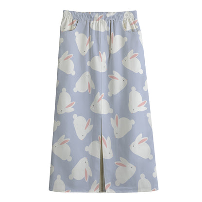 Mini Rabbit Pattern Print Cotton Front Slit Maxi Skirt